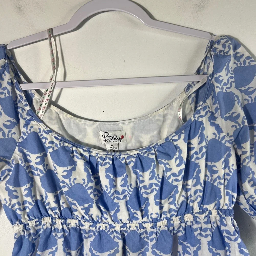 Womens Vintage Lilly Pulitzer Baby Doll Crab Blouse Blue White 4 Cotton